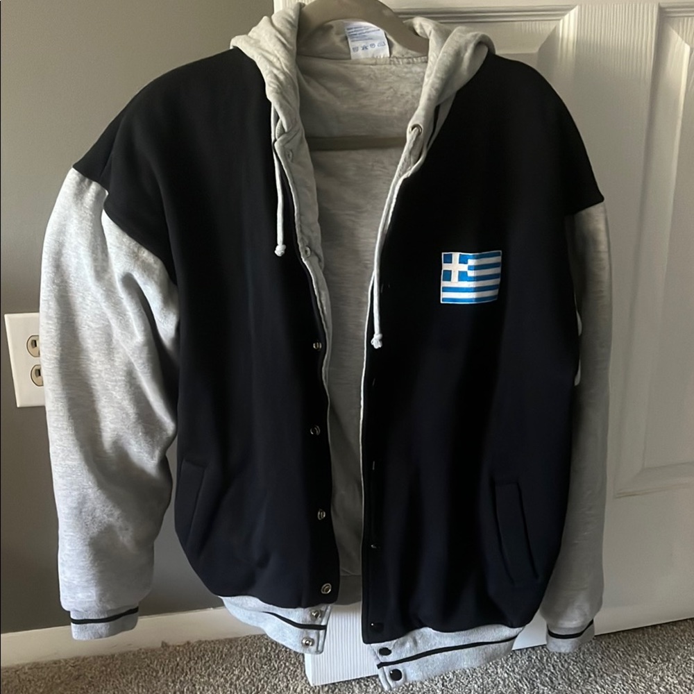 UNISEX Black and Gray Varsity Jacket with Greek Flag Patch 🇬🇷
